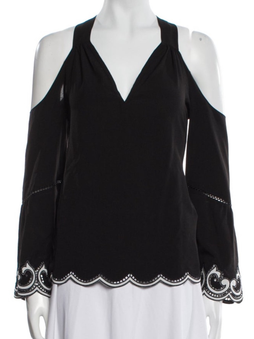 Ramy Brook Black Cold-Shoulder V-Neck Blouse with Scallop Trim